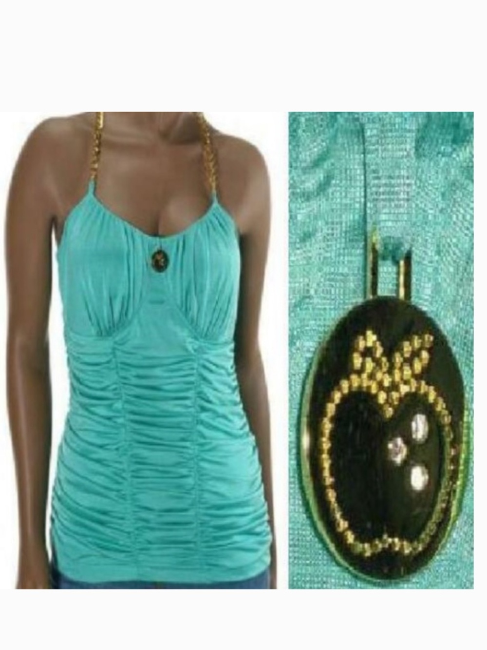 NWT Apple Bottoms ruched Satin Bustier Gold Chain Straps Jewel Top M